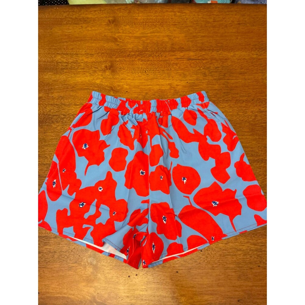 Women's XL Floral Elastic Waist Shorts Red Blue Lightweight Summer NWOT